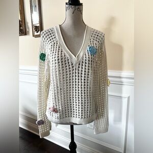 White, V-Neck-Open Weave-Crochet Long Sleeves Sweater with Floral Accents.